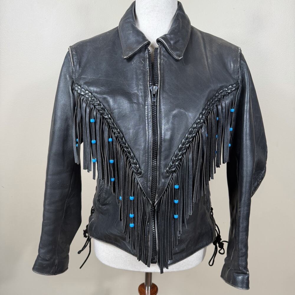 First Genuine Leather Black Fringe Jacket Beaded Western Motorcycle Coat Size 10